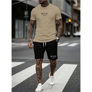 Conjunto Camiseta Bos Masculina Malha Bermuda Tectel Com Bolso Kit Casual Tendencia