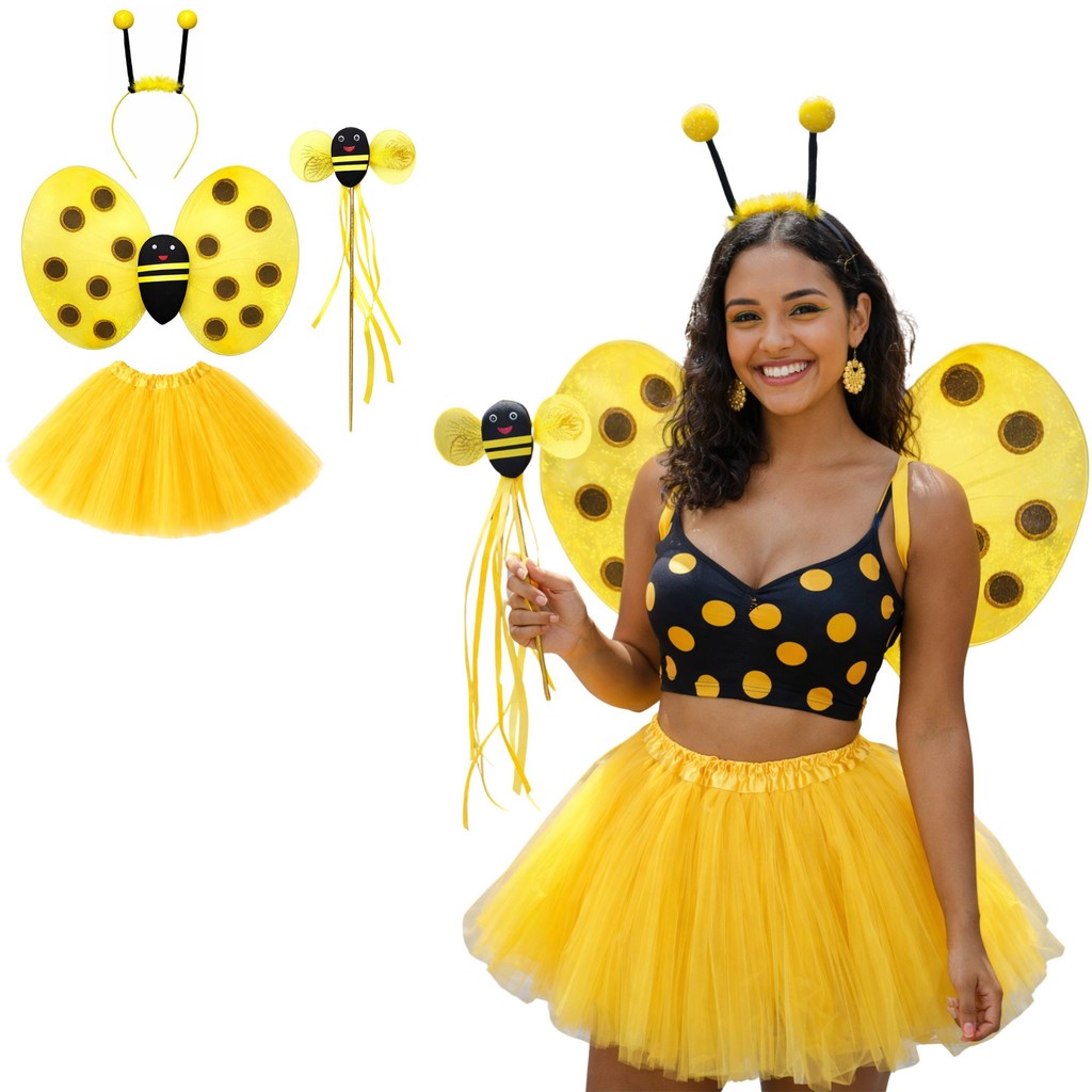 Kit Fantasia Feminina Abelhinha Amarela Saia Tule Asa Tiara Carnaval ...