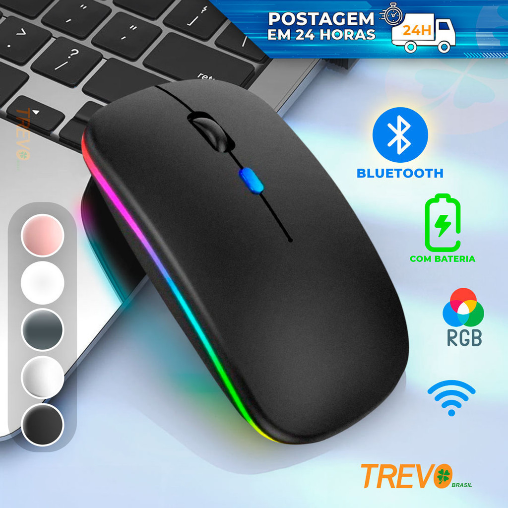 Mouse Sem Fio Wireless Recarregavel Led Rgb 2,4GHz Bluetooth Bateria ...