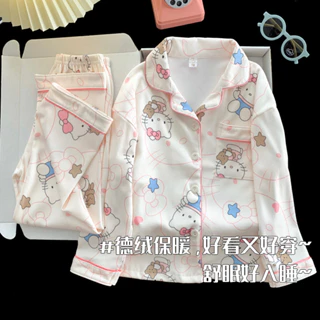 Meninas KT gato pijamas inverno 2025 novo estilo outono estilo crianças médio grande crianças alemão veludo engrossado q em Oferta na Shopee