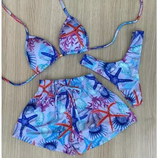 Conjunto Biquíni Cortininha + Shortinho | Look Feminino Praia Verão Colorido Azul Estrela do Mar em Oferta na Shopee