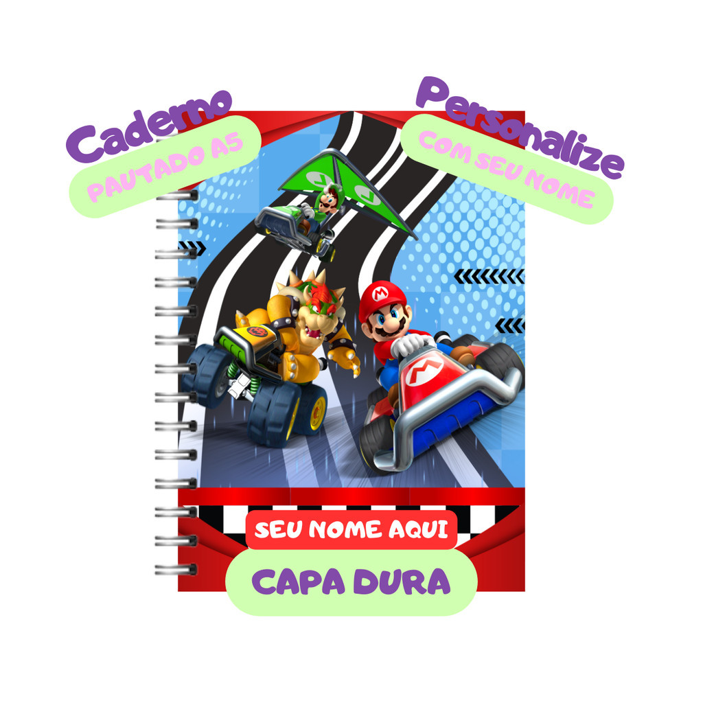 Caderno A5 Mario Kart Capa Dura Laminado Personalizado 100 folhas 200 ...