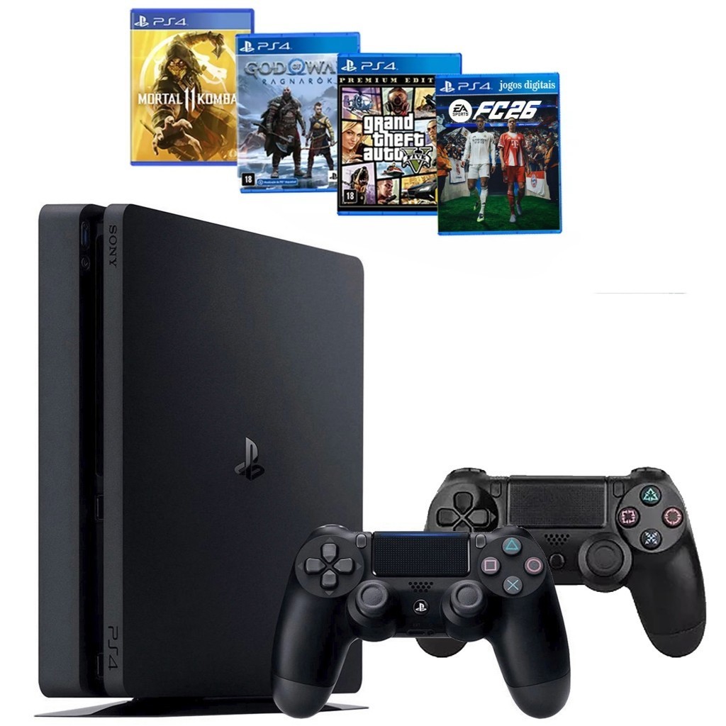 Console P.S.4 Slim 500GB c/ 2 Controles + 4 Games (FC26/Gta/God/Mk