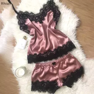 [Rhian] Conjunto De Pijama Feminino Sem Mangas Com Alça E Acabamento Em Renda Cetim Cami Top COD em Oferta na Shopee