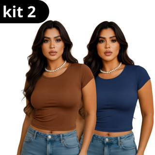 Kit 2 Blusas Baby Tee – Ajuste Fitness Feminino Casual Premium   Slim Fit Manga Curta  Blusa de Compressão moda