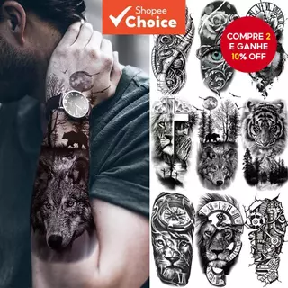Tatuagens Temporárias De Vários Estilos-Adesivo À Prova D'água De Lobo Tigre E Caveira Da Morte , Design Animal Preto Pa em Oferta na Shopee
