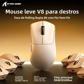 Mouse Tri-Modo Leve Sem Fio Attack Shark V8 PAW3950 30000 DPI Em Forma De Tubarão 8k Receptor Macro Definição Para Jogos