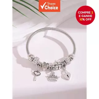 1PC Strass Bola Coração Trevo Chave Bloqueio Coroa Pulseira De Aço Inoxidável Para Meninas Feminino Diário Dia Dos Namor em Oferta na Shopee