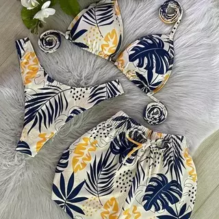Conjunto Biquíni Cortininha + Shortinho | Look Feminino Praia Verão Colorido Adão Azul e Amarelo em Oferta na Shopee