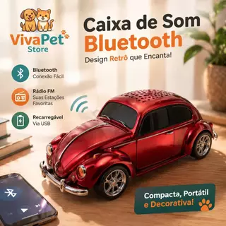 Caixa de Som Bluetooth Carro Retro Portátil com Rádio FM | Recarregável USB, Mini Speaker Decorativo