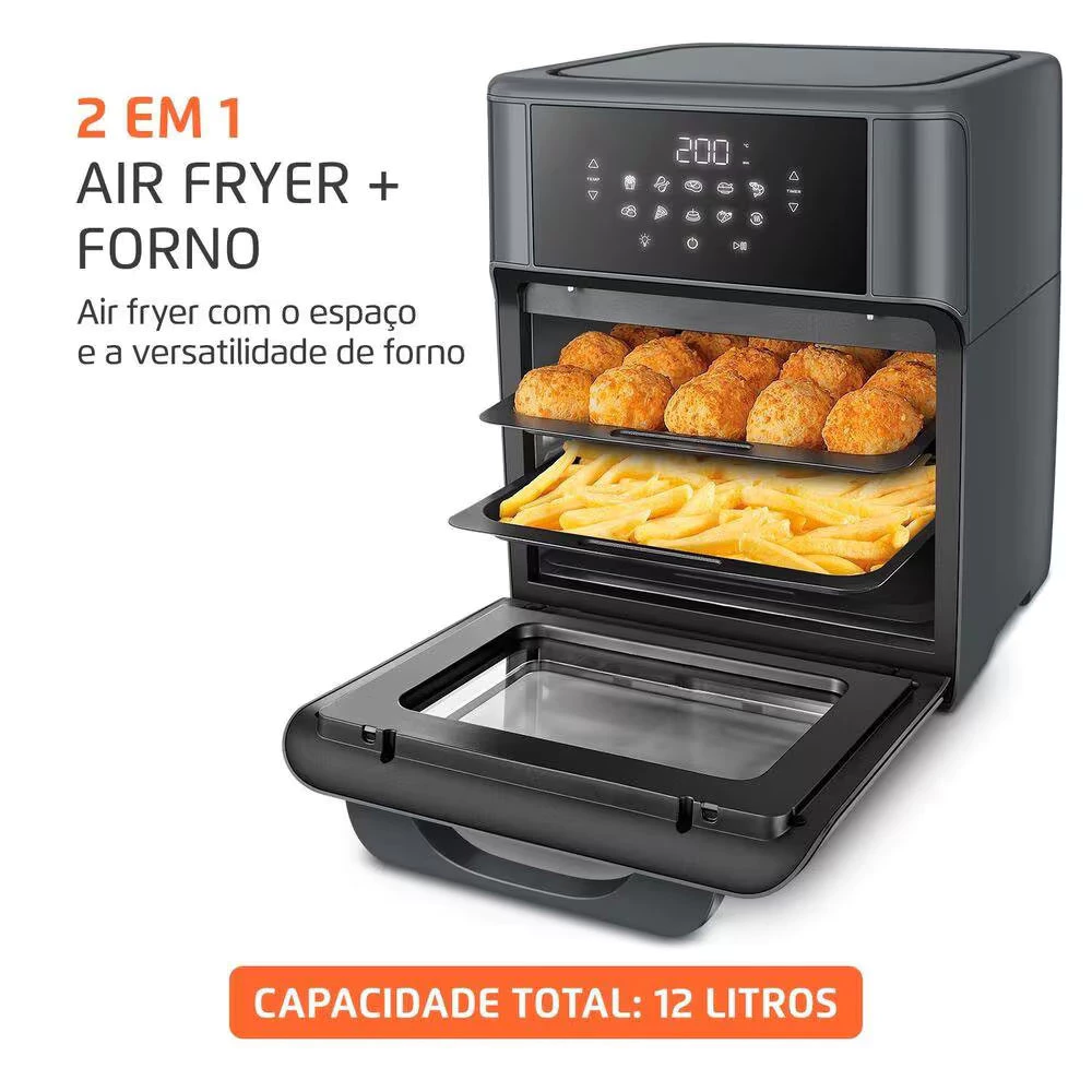 Fritadeira Air Fryer Oven Mondial AFON-12L-FG com a porta aberta, mostrando as duas assadeiras com alimentos e o painel digital.