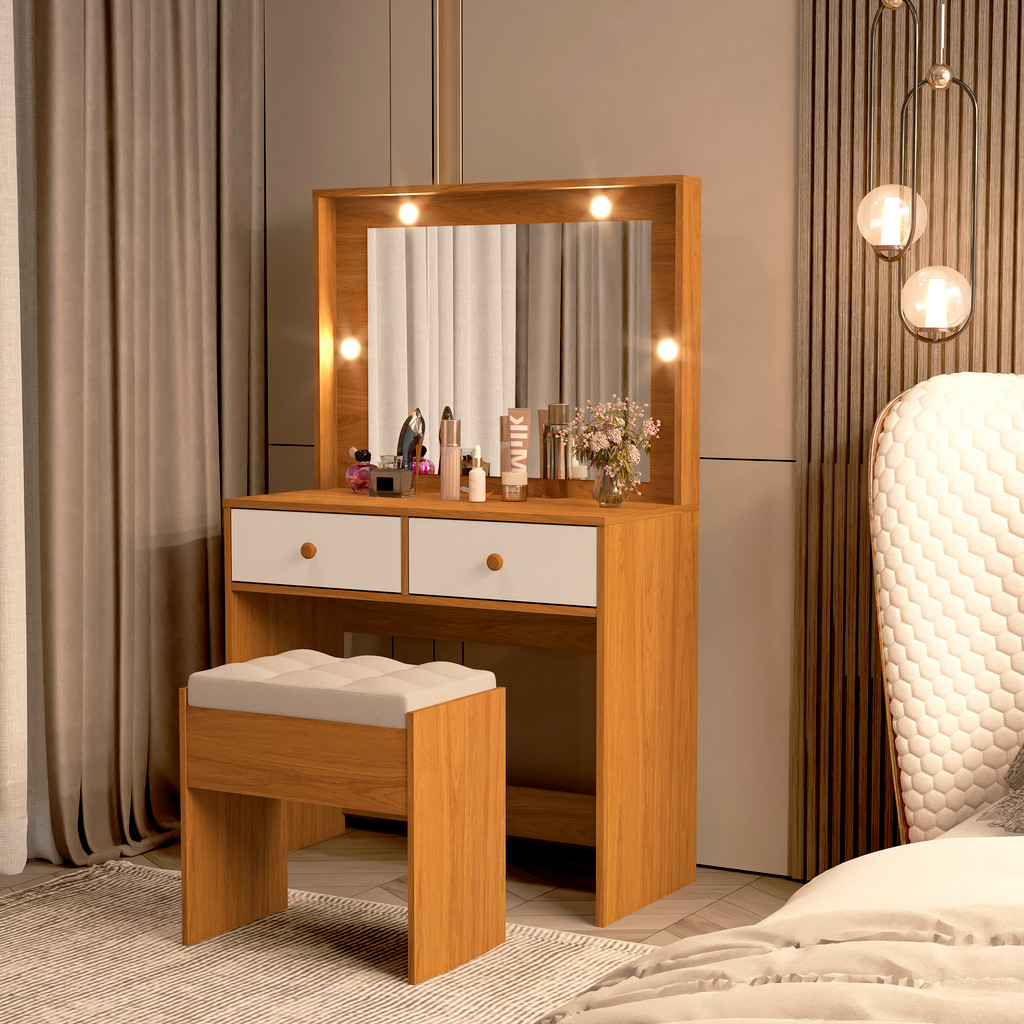 Penteadeira Livia Banqueta Espelho Led 2 gavetas MDF Nature/Off White