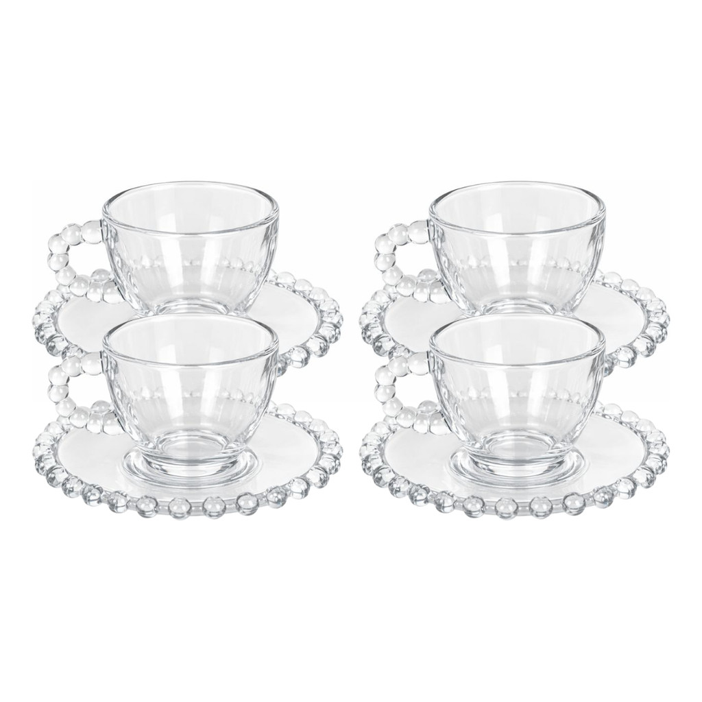 Jogo de Xícaras de Café Pérola 4 Peças com Pires 100ml – Vidro Elegante para Mesa Posta e Uso Diário