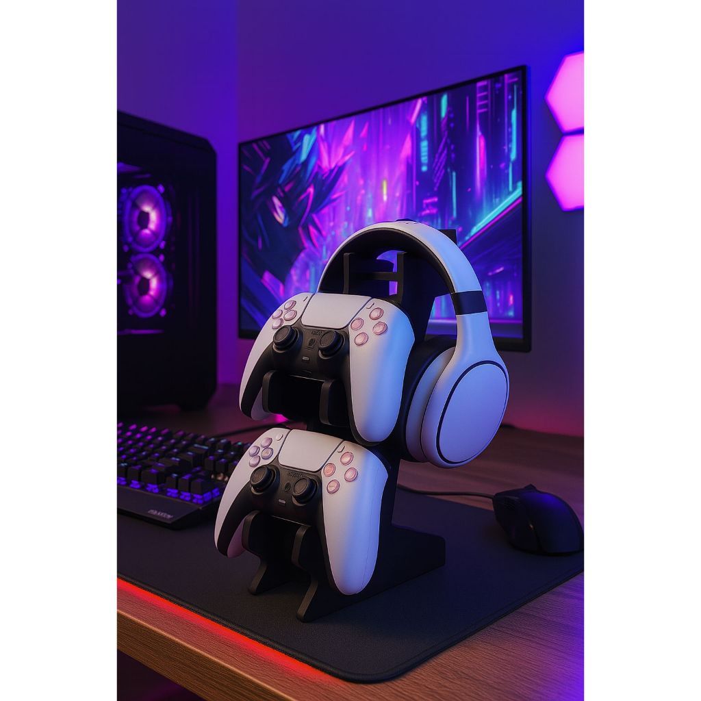 suporte porta controle xbox one x / s ps4 ps5 fone preto mdf