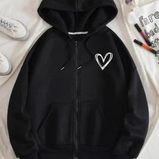 Moletom Feminino com Zíper Coração Minimalista Algodão Forrado Blusa de Frio Inverno