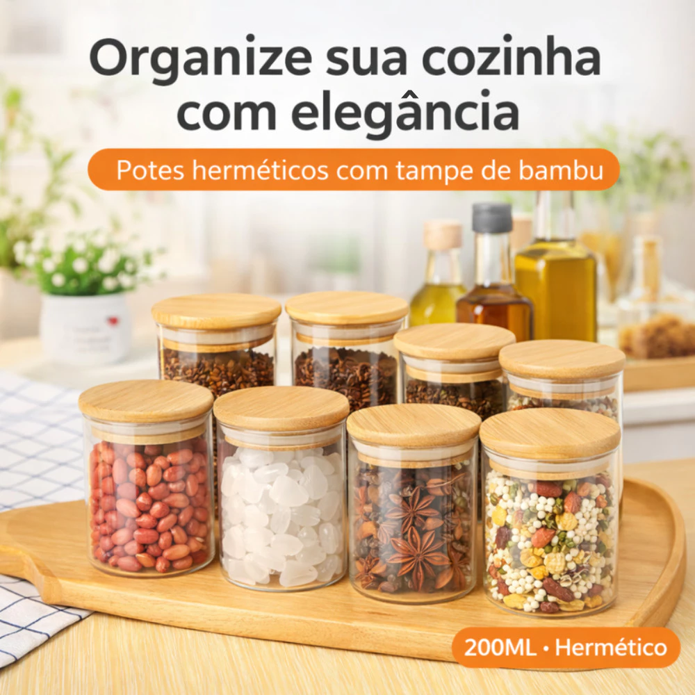 Kit Ate 12 Pote de Vidro com Tampa Bambu 200ML Potes Herméticos Porta Mantimen Hermético à Prova Odores