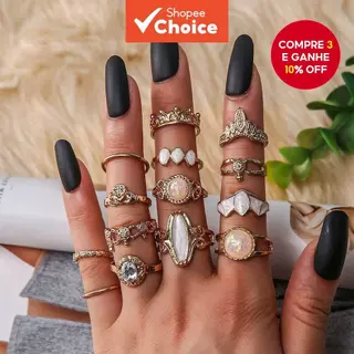 Conjunto combinado de 14 peças de acessórios de moda vintage para mulheres com diamantes cravejados e gemas estreladas em Oferta na Shopee