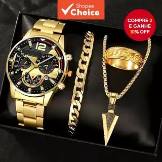 Conjunto de Relógio Masculino Chic 4PCS - Pulseira de Aço e Mostrador de Quartzo com Calendário - Ideal para Feriados. em Oferta na Shopee