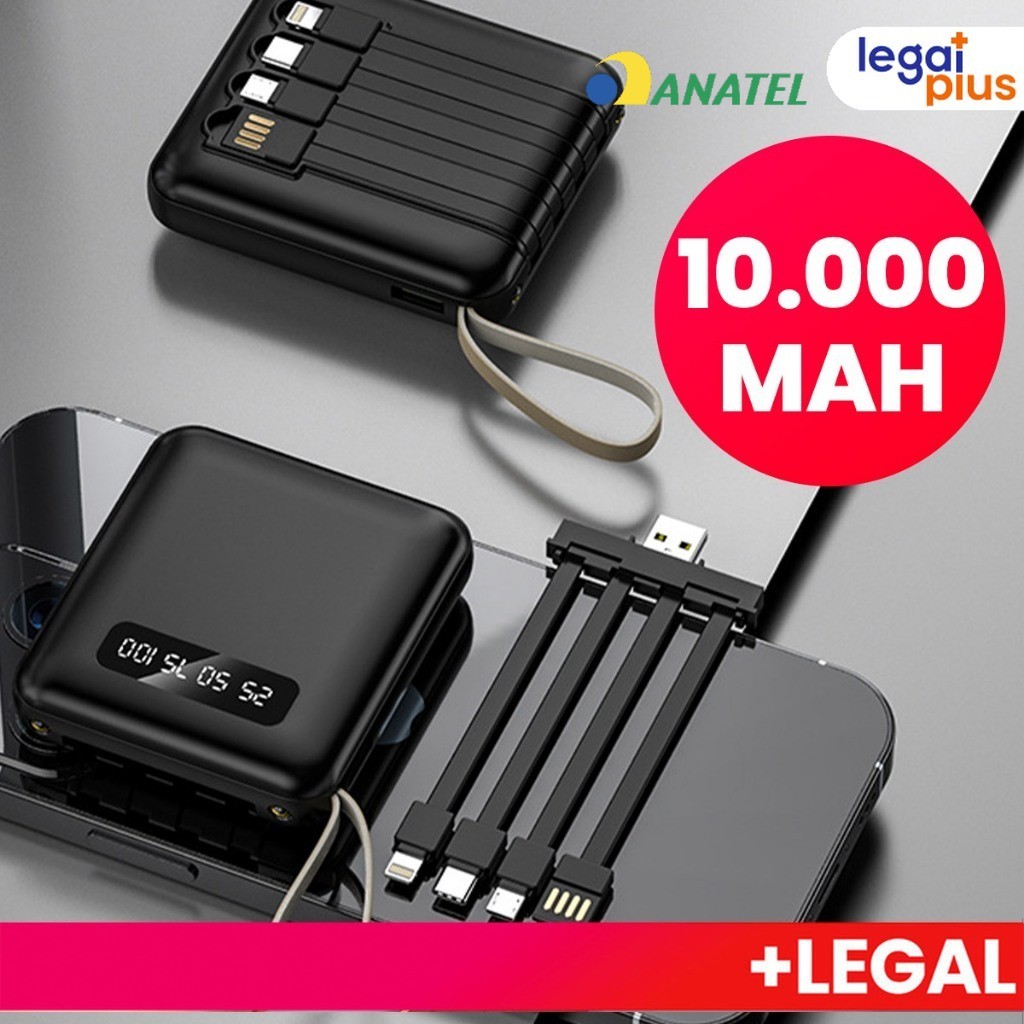 Carregador Portátil 10000mah con 4 cables de carga rápida Banco de energía digital LED | Shopee Brasil