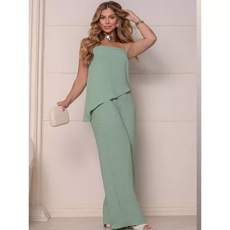 Conjunto Feminino Calça Wide Leg e Blusa Assimétrica Elegante