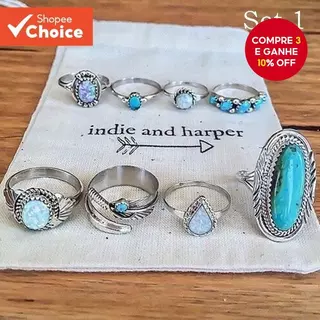 Conjunto De Anel De Opala Turquesa De 8 Peças – Joias De Casamento Com Pedras Preciosas De Imitação Para Mulheres em Oferta na Shopee
