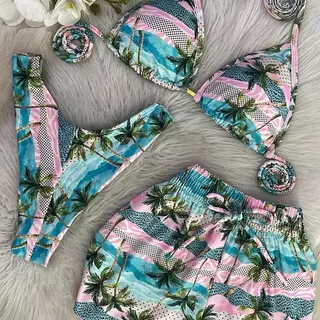Conjunto Biquíni Cortininha + Shortinho | Look Feminino Praia Verão Colorido Ibiza Rosa e Azul em Oferta na Shopee