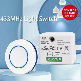 Interruptor de luz de controle remoto sem fio RF 433MHz 220V 110V 10A relé receptor mini painel de parede botão redondo em Oferta na Shopee