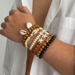 Pulseira Masculina Hip Hop Concha Estrela do Mar Multicamadas Praia Moda Kit 6 Surfista