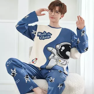 Outono inverno pijamas masculinos de manga comprida algodão sentir dos desenhos animados estudante dormitório terno Plus em Oferta na Shopee