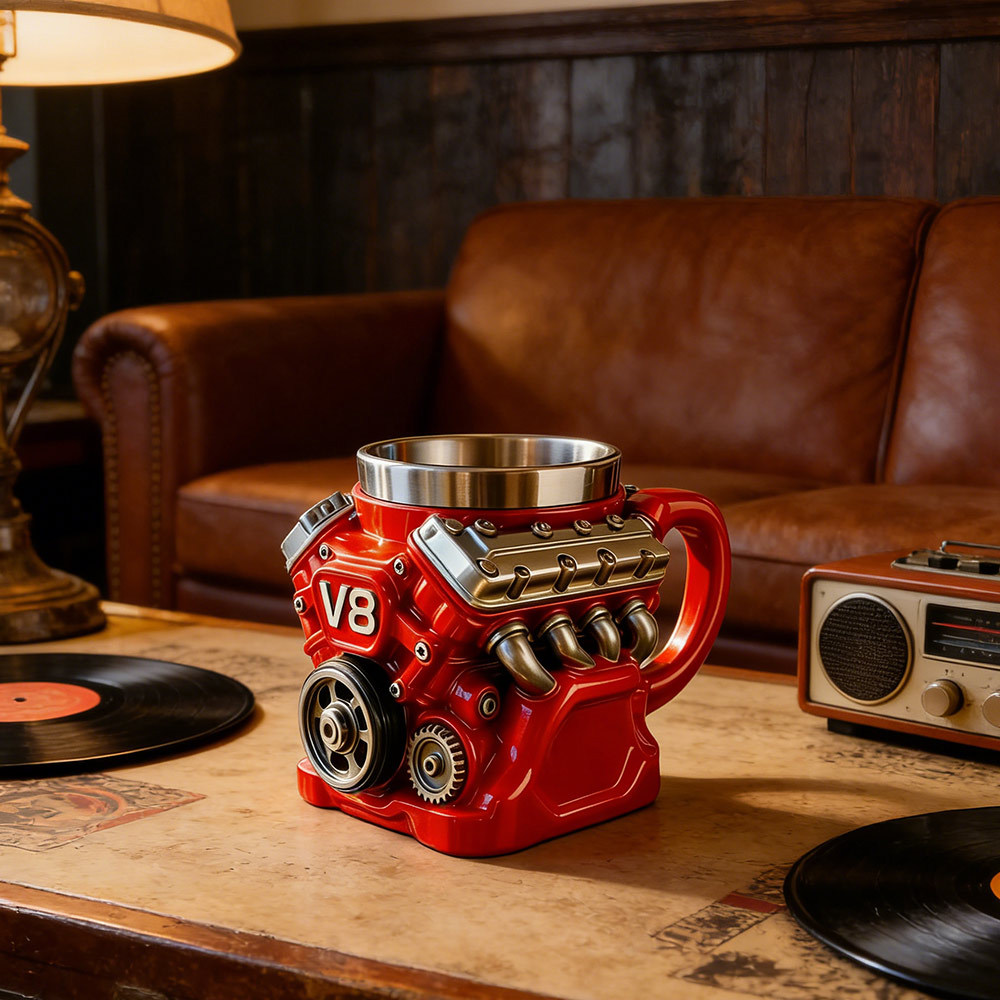Engine Design Coffee Mug, Double Wall Retro V8 Engines Stainless Steel ...