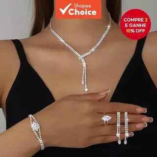 Conjunto de Joias para Casamento: Colar de Diamante Completo, Brincos, Pulseira e Anel. em Oferta na Shopee