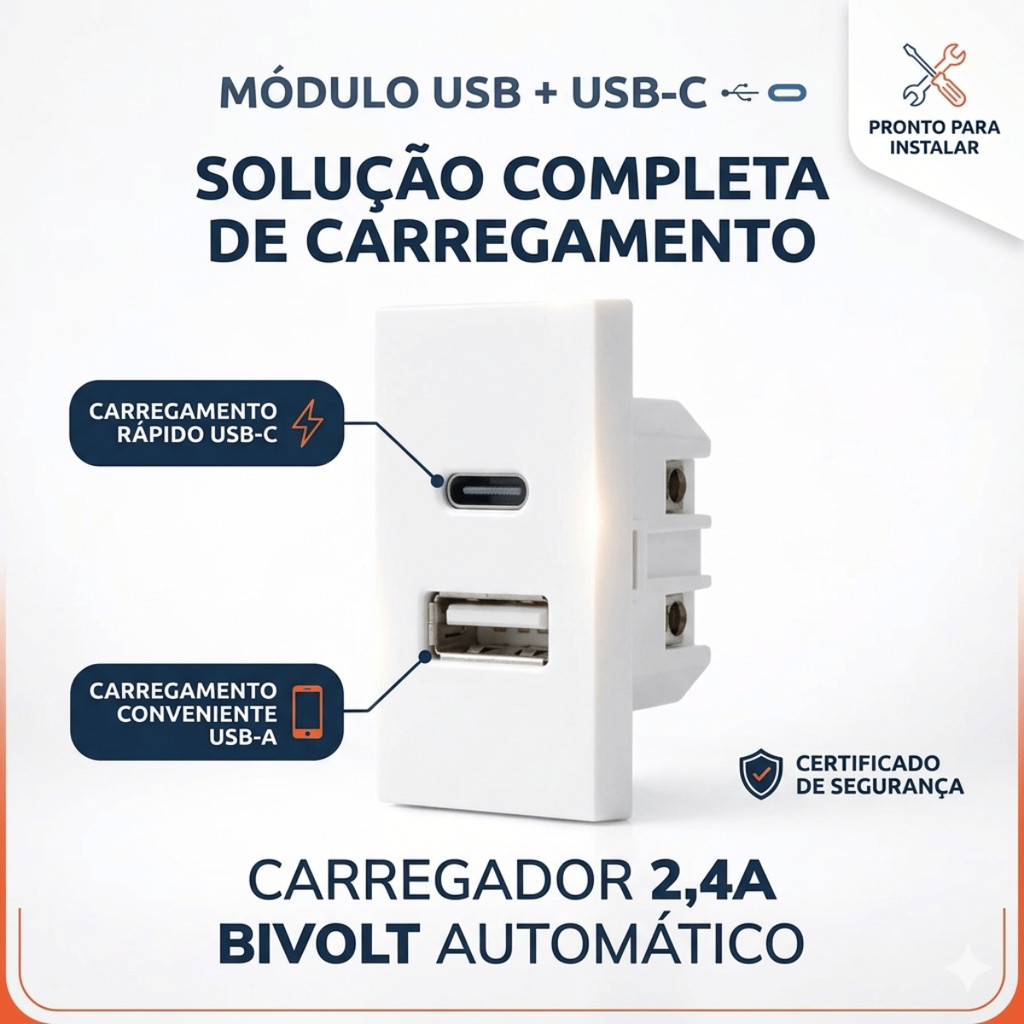 Modulo Tomada USB Duplo USB-C USB-A 2.4a Bivolt Carregamento Inteligente