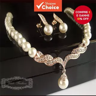 Conjunto de 2 peças de joias de pérolas estilo coreano conjunto de joias de flores feminino elegante imitação de colar d em Oferta na Shopee