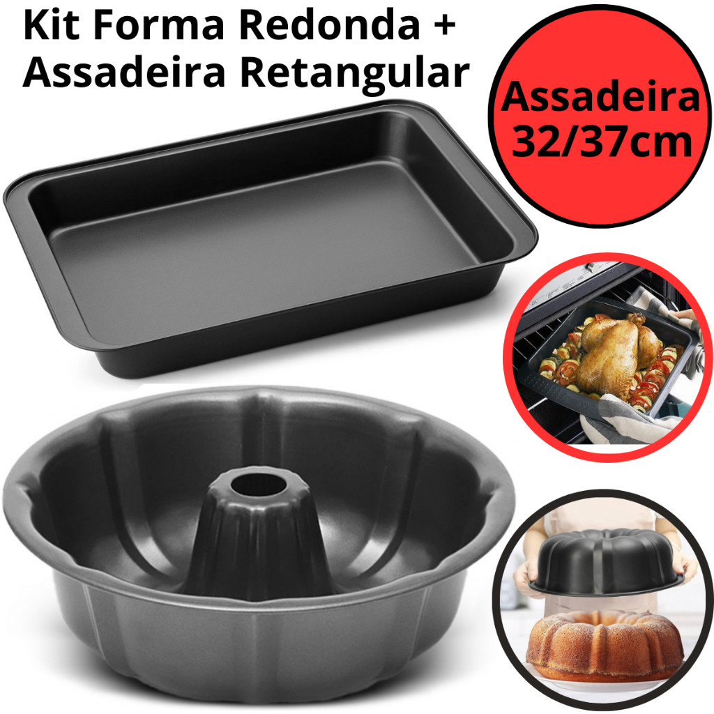 Kit Forma Assadeira Antiaderente 32 37cm + Forma Bolo com Fu