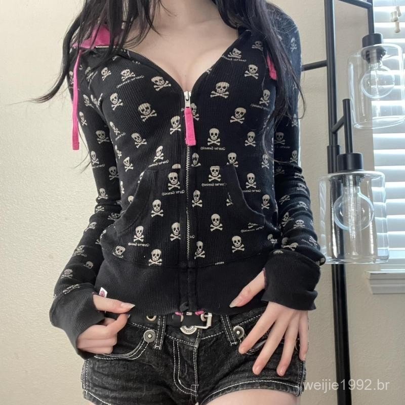 American Retro Y2k Millennium Fur Collar Zipper Jaqueta Com Capuz