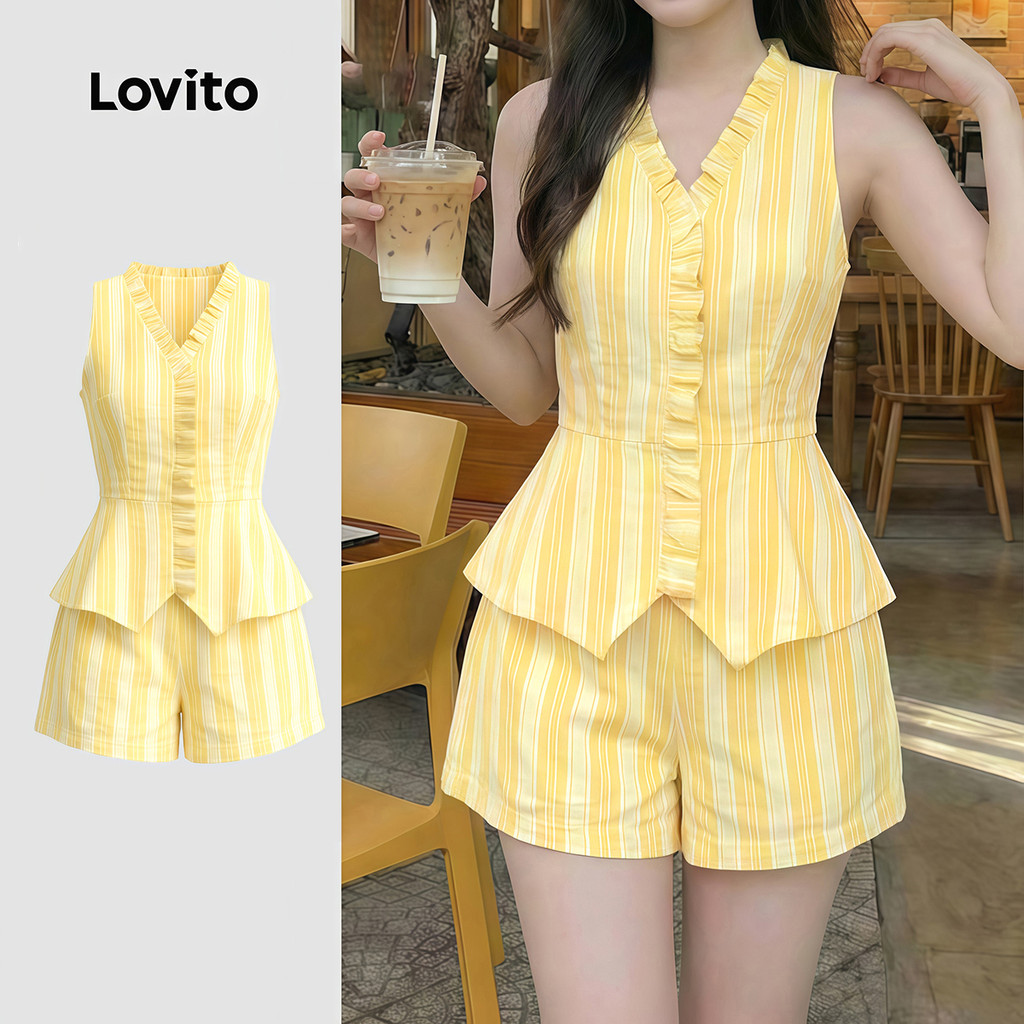 Lovito Lado Listra Lazer Primavera/Verão Levemente Transparente Top Amarelo