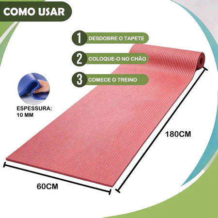 Tapete de Yoga XPE Espesso 10mm 60x180cm Antiderrapante Isolante Acústico Para Pilates Treino Exercício em Casa