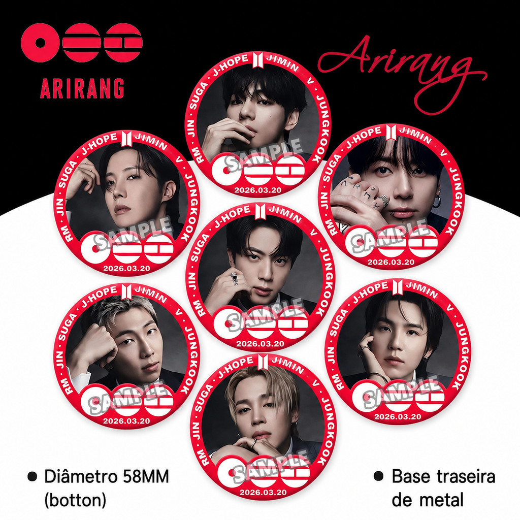 Kit 7 Bottons BTS Arirang 58mm RM Jin Suga J-Hope Jimin V Jungkook ...