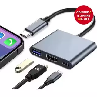Adaptador De Hub 3 em 1 - Tipo C Para Macbook PC Laptop HDMI USB3.0 PD 100W 4K 30Hz Expansão