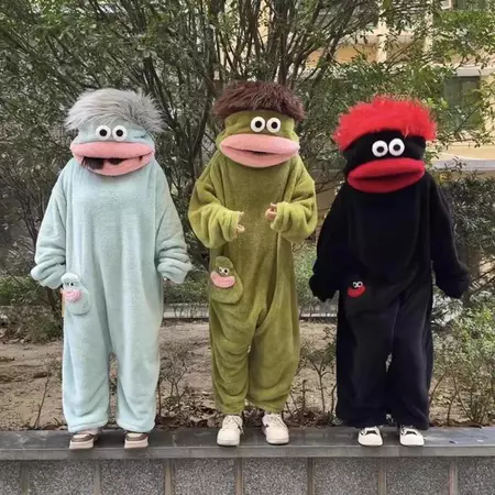 Macacão de Pijama Monstro Boca Grande Fofo, em Fleece Coral Espesso, Estilo Cartoon, Roupa de Casa Divertida para Casais