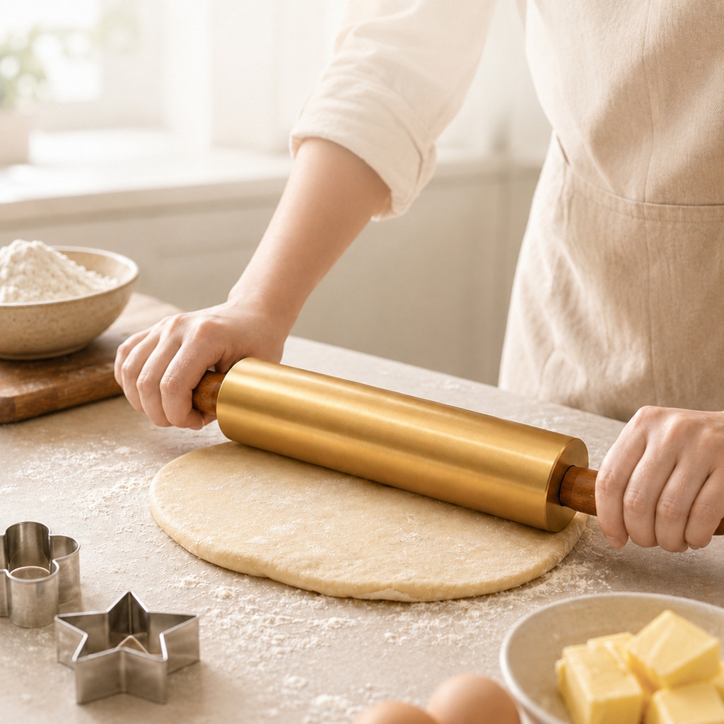 Rolo De Massa Inox Dourado Antiaderente Com Cabo Giratório 3