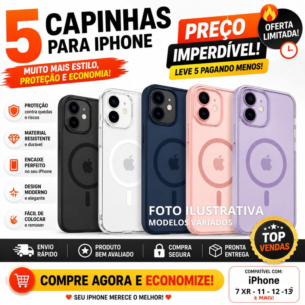 kit 5 capinha de cores variadas iphone 7 XR 11 12 modelos pro plus