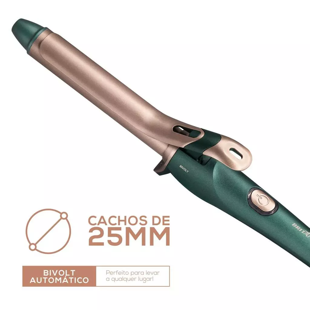 Close no design do modelador Britânia destacando o tubo de 25mm e a função bivolt
