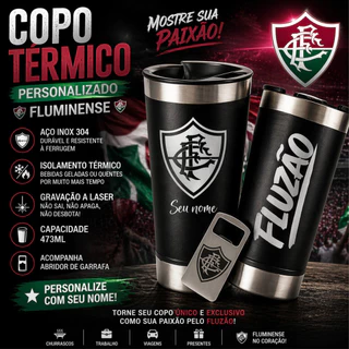 Copo Térmico Fluminense Personalizado 473ml Inox com Nome Tampa e Abridor Paixão Vários times