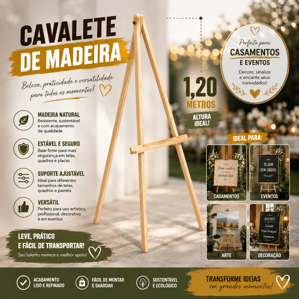 Cavalete Madeira Pinus 1,20m Suporte Ajustável Para Quadros 