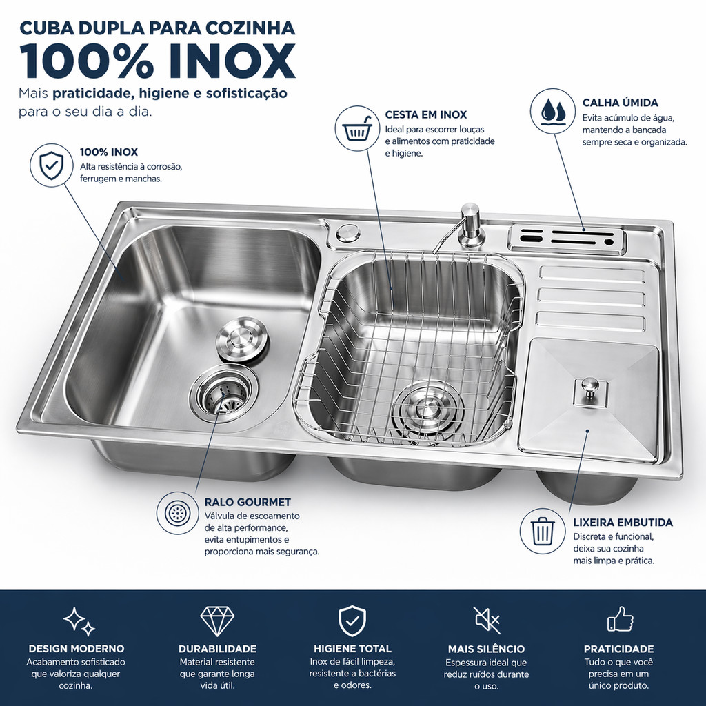 Cuba Dupla para Cozinha Gourmet em Inox 304 Pia Calha Umida Porta Facas