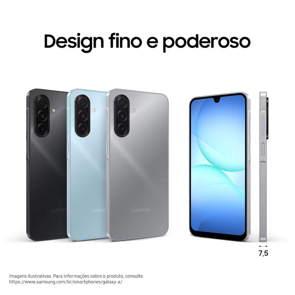 Smartphone Samsung Galaxy A17 em diferentes ângulos e cores
