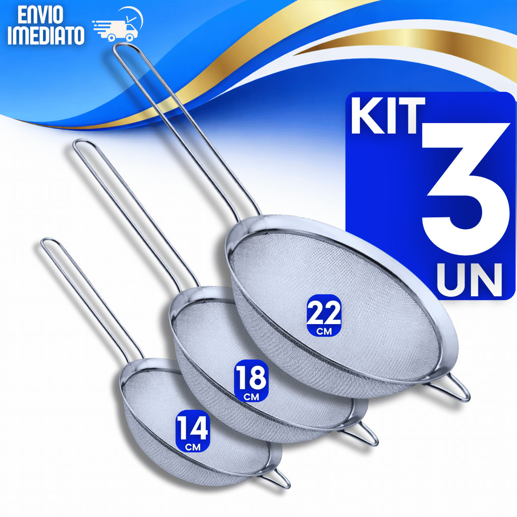 Conjunto Peneira Aço Inox 22/18/14 cm Farinhas Sucos Molho C