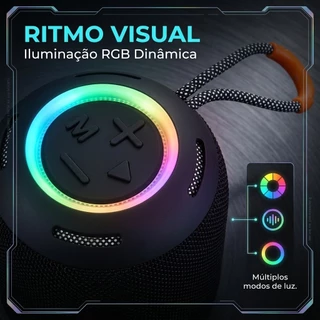 Caixa de Som Bluetooth 5.3 Portátil RGB Som Potente Ideal para Área Externa Bateria de Longa Duração