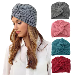 Gorro Turbante De Malha Feminino, Chapéu De Inverno Com Nó Torcido Cruzado, Envoltório De Cabeça Elástico Quente Para